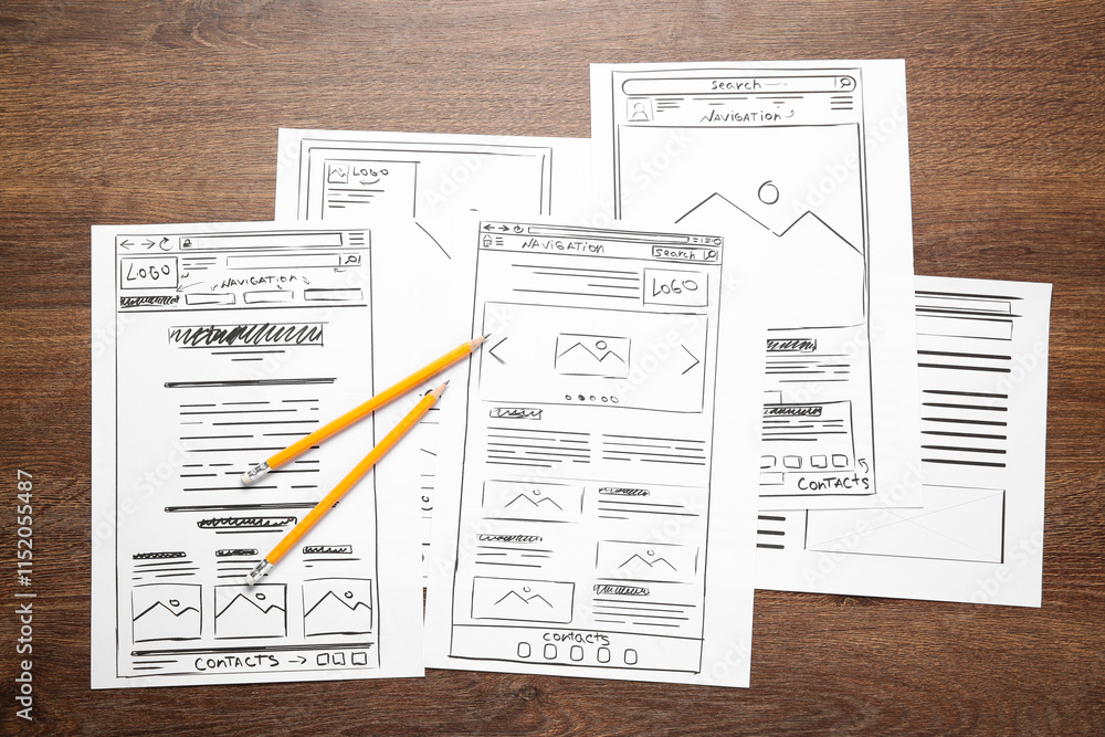 Poster developing ui design. sketches of website wireframes and pencils on wooden table, top view