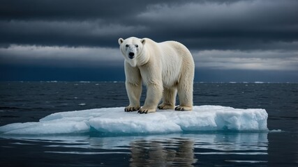 Lone polar bear hunting on melting sea ice