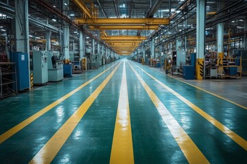 Fototapeta premium Industrial aisle with yellow safety lines and machinery
