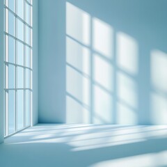 A minimalistic abstract light blue background featuring soft shadows and light filtering through windows, perfect for showcasing products with a serene and modern aesthetic.