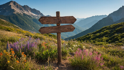 Hiking direction sign in mountain landscape