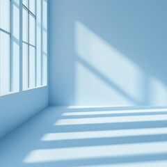 Obraz premium A minimalistic abstract light blue background featuring soft shadows and light filtering through windows, perfect for showcasing products with a serene and modern aesthetic.