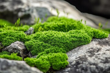 Close-up of a vibrant green moss growing on a rock, Earth Day nature conservation, intricate details, natural light