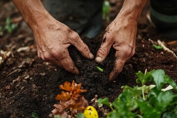 Detailed close-up of hands spreading compost over a garden bed, Earth Day organic gardening, rich textures, natural light.