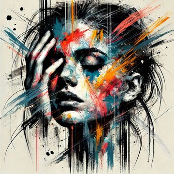 Abstract woman portrait with vibrant brushstrokes covering face. Artistic expression, contemporary style. Mixed media grunge collage, ink splatter. Anxiety, headache, mental disorder illustration
