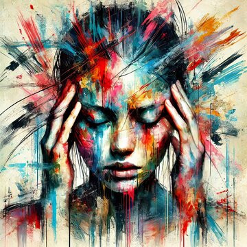 Abstract woman portrait with vibrant brushstrokes covering face. Artistic expression, contemporary style. Mixed media grunge collage, ink splatter. Anxiety, headache, mental disorder illustration
