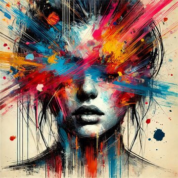 Abstract woman portrait with vibrant brushstrokes covering face. Artistic expression, contemporary style. Mixed media grunge collage, ink splatter. Anxiety, headache, mental disorder illustration

