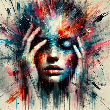 Abstract woman portrait with vibrant brushstrokes covering face. Artistic expression, contemporary style. Mixed media grunge collage, ink splatter. Anxiety, headache, mental disorder illustration
