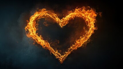 Fiery heart-shaped flames burning intensely against a dark smoky background, symbolizing passion, love, and strength. Dramatic and powerful visual of romantic fire art.