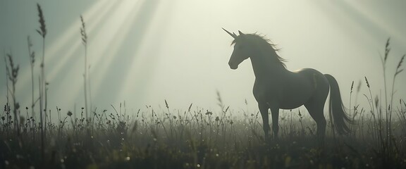 Unicorn Standing in Misty Field with Tall Grass at Dusk