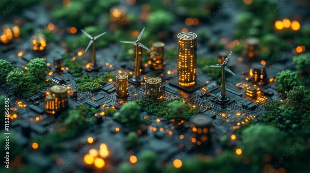 Aufkleber a miniature model showcases a futuristic city with illuminated buildings and wind turbines. lush gre