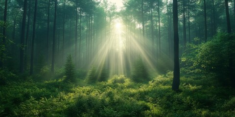 Fototapeta premium Sunlight streaming through trees in a dense forest