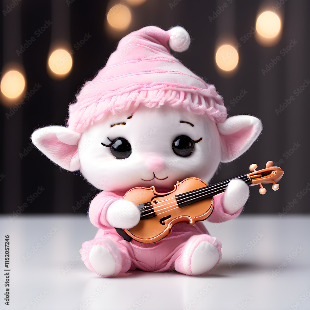 Wall mural A soft plush toy in the form of a funny fairy mouse in a pink suit and a cap with a violin.