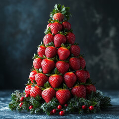 Strawberry Christmas tree with festive lights and snow.
