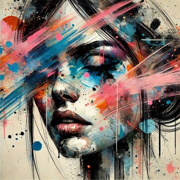 Abstract woman portrait with vibrant brushstrokes covering face. Artistic expression, contemporary style. Mixed media grunge collage, ink splatter. Anxiety, headache, mental disorder illustration
