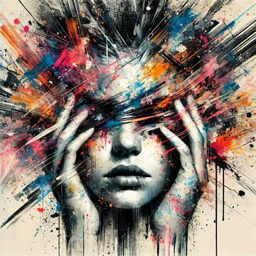 Abstract woman portrait with vibrant brushstrokes covering face. Artistic expression, contemporary style. Mixed media grunge collage, ink splatter. Anxiety, headache, mental disorder illustration
