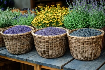Herbal baskets with lavender and vibrant flowers outdoors