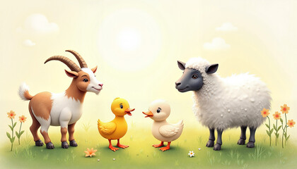 Friendly Farm Animals in Cartoon Style with Cheerful Expression in Spring Setting