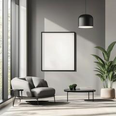 A modern living room with a mock-up poster frame on the wall, showcasing a sleek and stylish interior design.