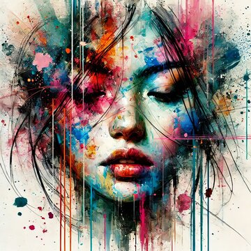 Abstract woman portrait with vibrant brushstrokes covering face. Artistic expression, contemporary style. Mixed media grunge collage, ink splatter. Anxiety, headache, mental disorder illustration

