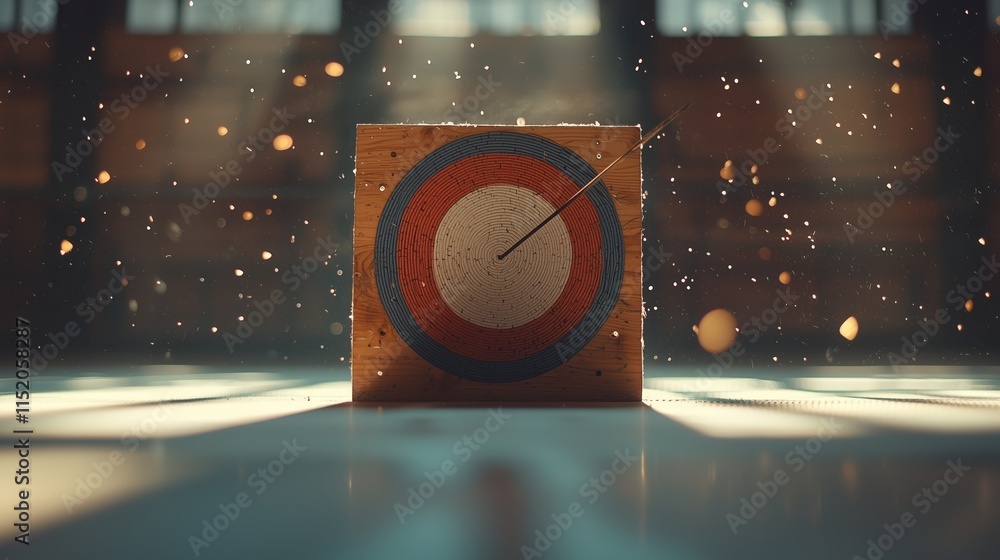 Poster arrow striking target in dynamic archery scene with bokeh