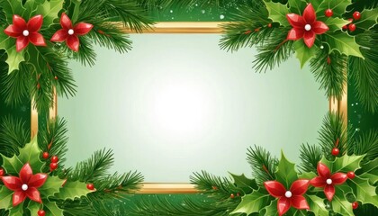 Merry Christmas Festive Holiday  Greeting Card with Holly and Pine Branches