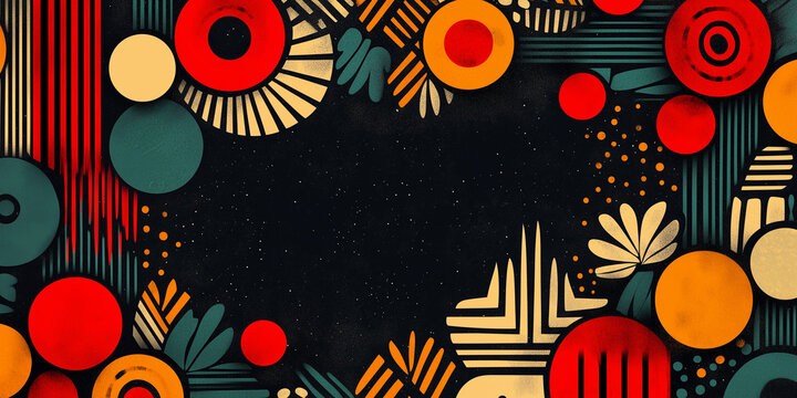 Bold african patterns framing dark background with colorful geometric shapes Black History Month