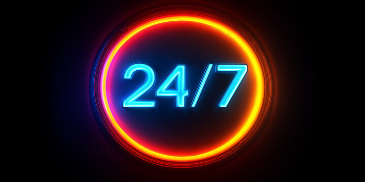 24/7 neon sign representing non stop availability and service mockup