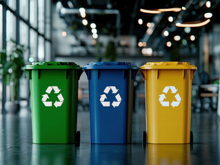 Recycle conservation renewal sustainability concept. Three recycling bins in a modern indoor setting promoting eco-friendly waste management.
