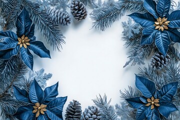 Frosted Blue Christmas Frame with Poinsettias and Pine Cones, Perfect for Holiday Celebrations and Festive Greetings