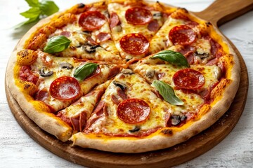 Deliciously Sliced Pepperoni Pizza on Wooden Board