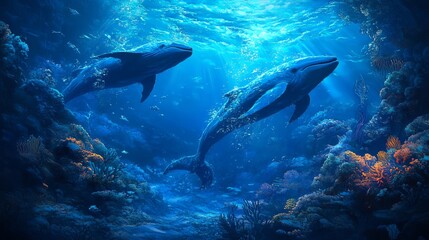 Obraz premium Two majestic whales swimming gracefully through a vibrant underwater landscape filled with coral and sea life.