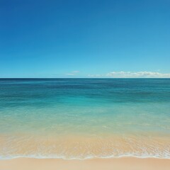 Fototapeta premium A panoramic tropical beach scene featuring a broad seascape where the clear blue sky seamlessly merges with the tranquil sea.