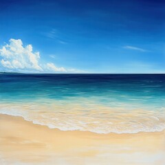 Fototapeta premium A panoramic tropical beach scene featuring a broad seascape where the clear blue sky seamlessly merges with the tranquil sea.