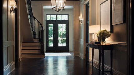 Elegant hallway featuring a staircase, double doors, and tasteful decor.
