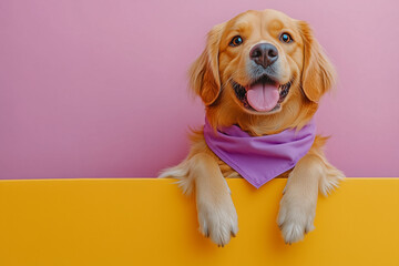 Golden retriever dog wearing purple bandana leaning on yellow surface with pink background copy space