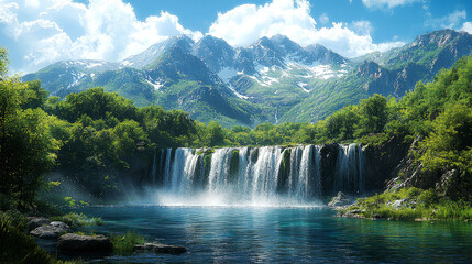 Fototapeta premium Majestic waterfall cascading into a serene mountain lake, surrounded by lush greenery under a vibrant blue sky.