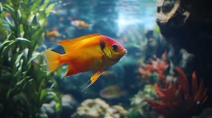 Naklejka premium A vibrant orange fish swims amidst aquatic plants in a colorful underwater scene.