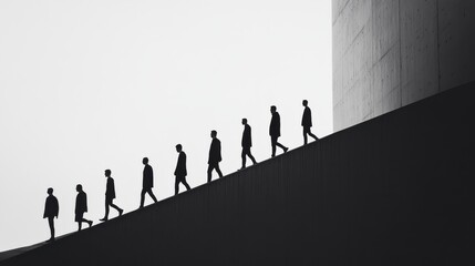 A group of people walking up a building