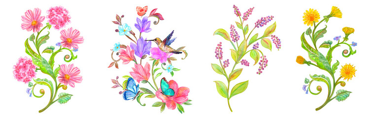 watercolor set of floral swirl with flowers and hummingbirds, butterflies. collection of blooming elements. fancy twigs with blooms