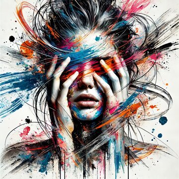 Abstract woman portrait with vibrant brushstrokes covering face. Artistic expression, contemporary style. Mixed media grunge collage, ink splatter. Anxiety, headache, mental disorder illustration
