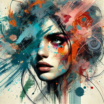 Abstract woman portrait with vibrant brushstrokes covering face. Artistic expression, contemporary style. Mixed media grunge collage, ink splatter. Anxiety, headache, mental disorder illustration
