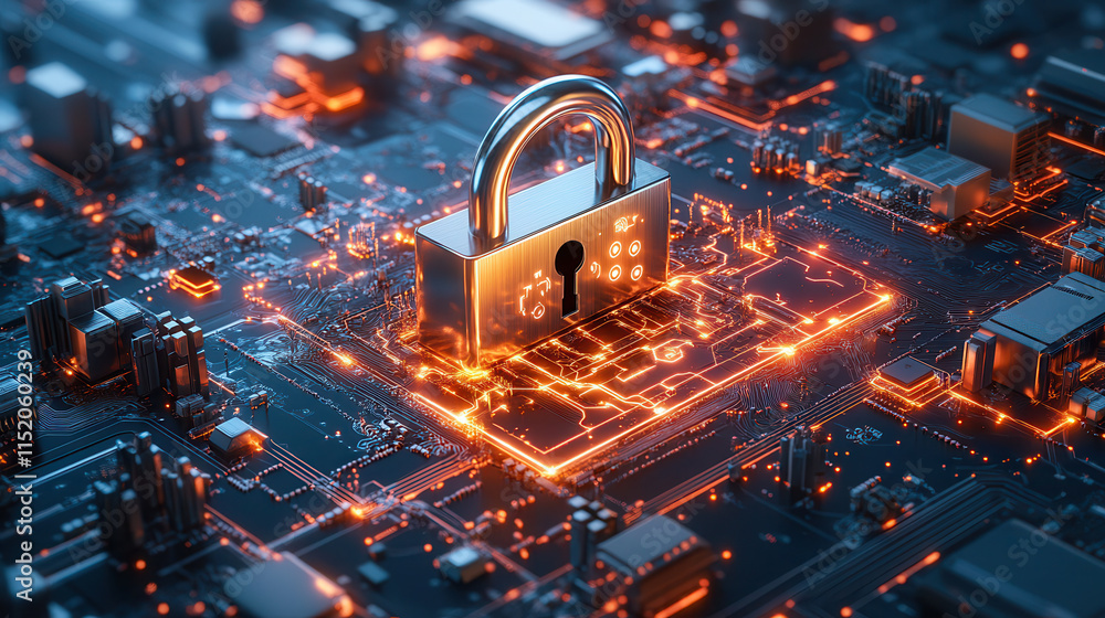 Poster digital lock symbolizing privacy and security on circuit board