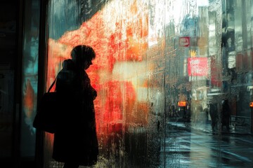 Obraz premium Silhouette of a woman walking through rainy city streets