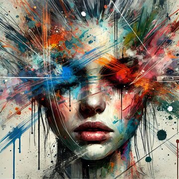 Abstract woman portrait with vibrant brushstrokes covering face. Artistic expression, contemporary style. Mixed media grunge collage, ink splatter. Anxiety, headache, mental disorder illustration
