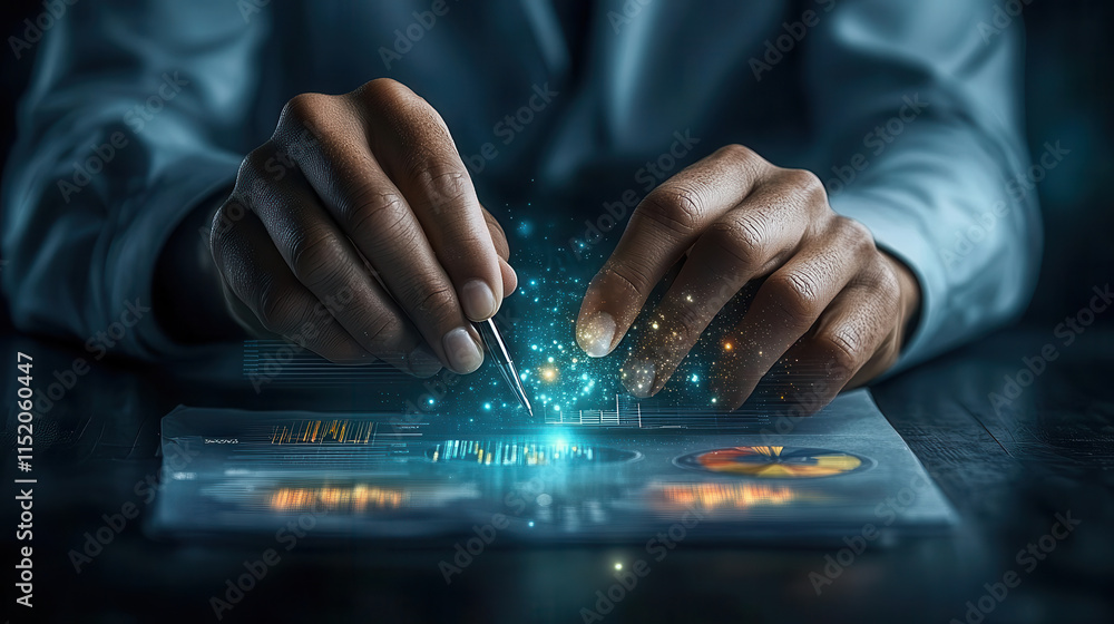 Aufkleber consultant analyzing financial report with data visualization tools, showcasing insights and trends 