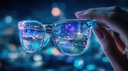hand holding glasses reflecting vibrant city skyline at night