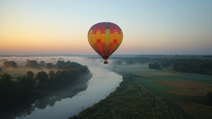 Colorful Hot Air Balloon Floating Over Serene Landscape
