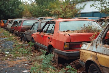 Rusty old cars abandoned in a grassy field