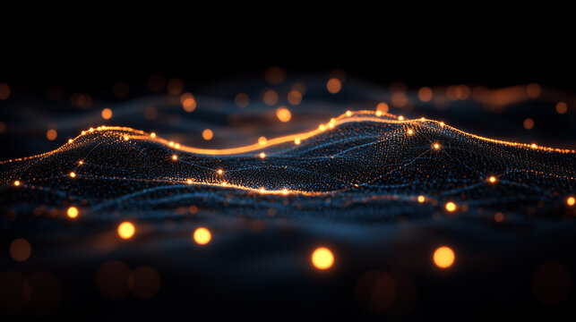 Scatterplot with glowing data points, connected by a faint dotted line to show correlation, on a black background.